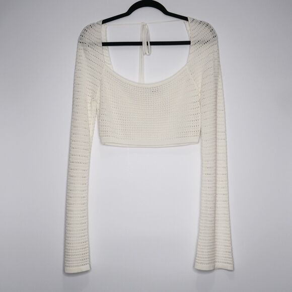 Tic Toc Womens Cropped Sweater Top Size Large White Crochet‎ Knit Festival Boho - Picture 1 of 9